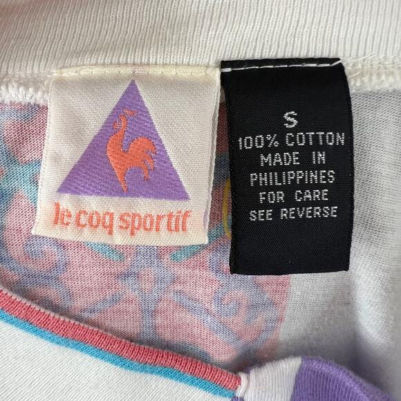 VINTAGE Le Coq Sportif White Blue Top Cotton Geometric Crew Pullover Sz Small S - Picture 8 of 9